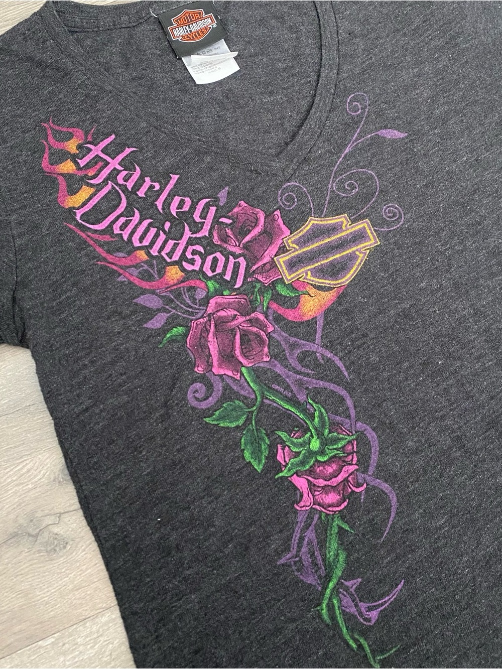 Harley Davidson Gray Pink Roses Flames El Paso TX Tee M - Picture 2 of 6